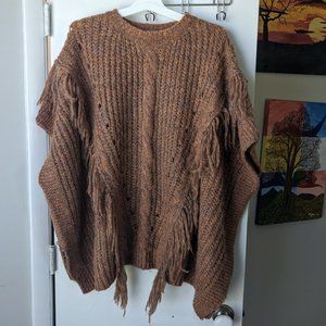 Anthropologie Chunky Fringe Poncho Sweater in Rust